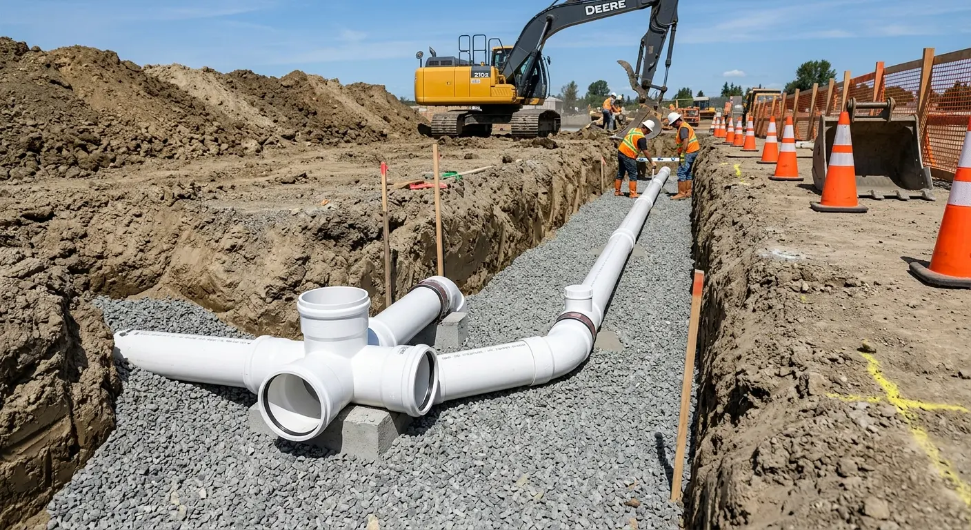 New PVC sewer pipe installation in open trench for Commercial Drain Cleaning in Bonner Springs
