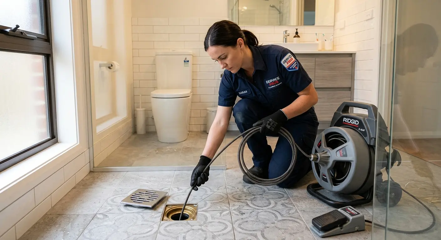 Technician clearing a bathroom floor drain for Drain Cleaning in Bonner Springs
